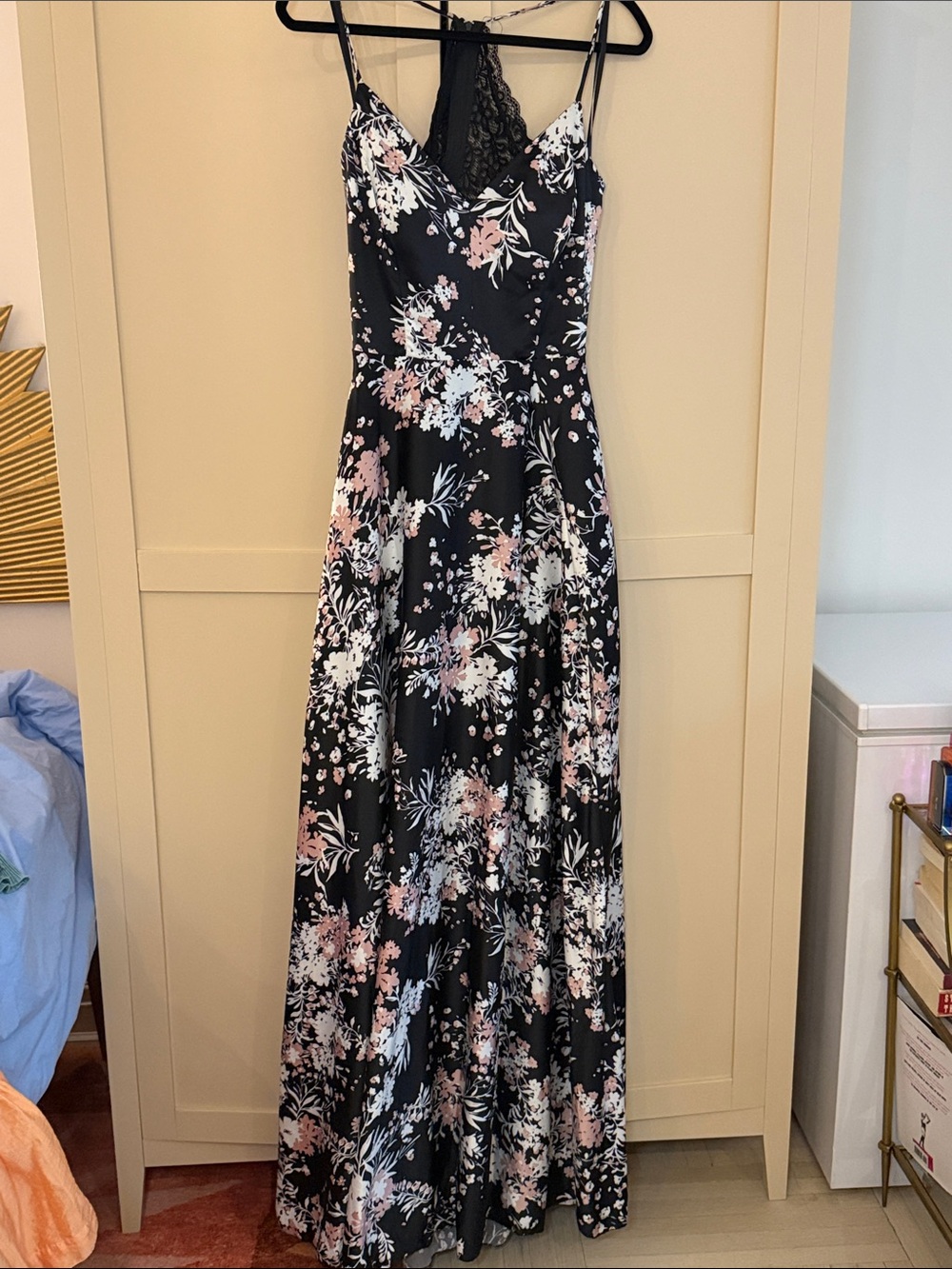 Windsor Black Maxi Dress with Pink and White Floral Print and Lace Back